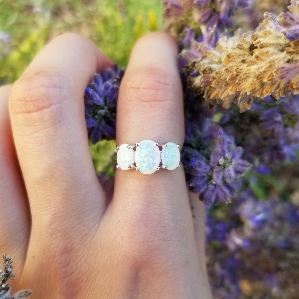 Antique Style Triple White Opal Ring